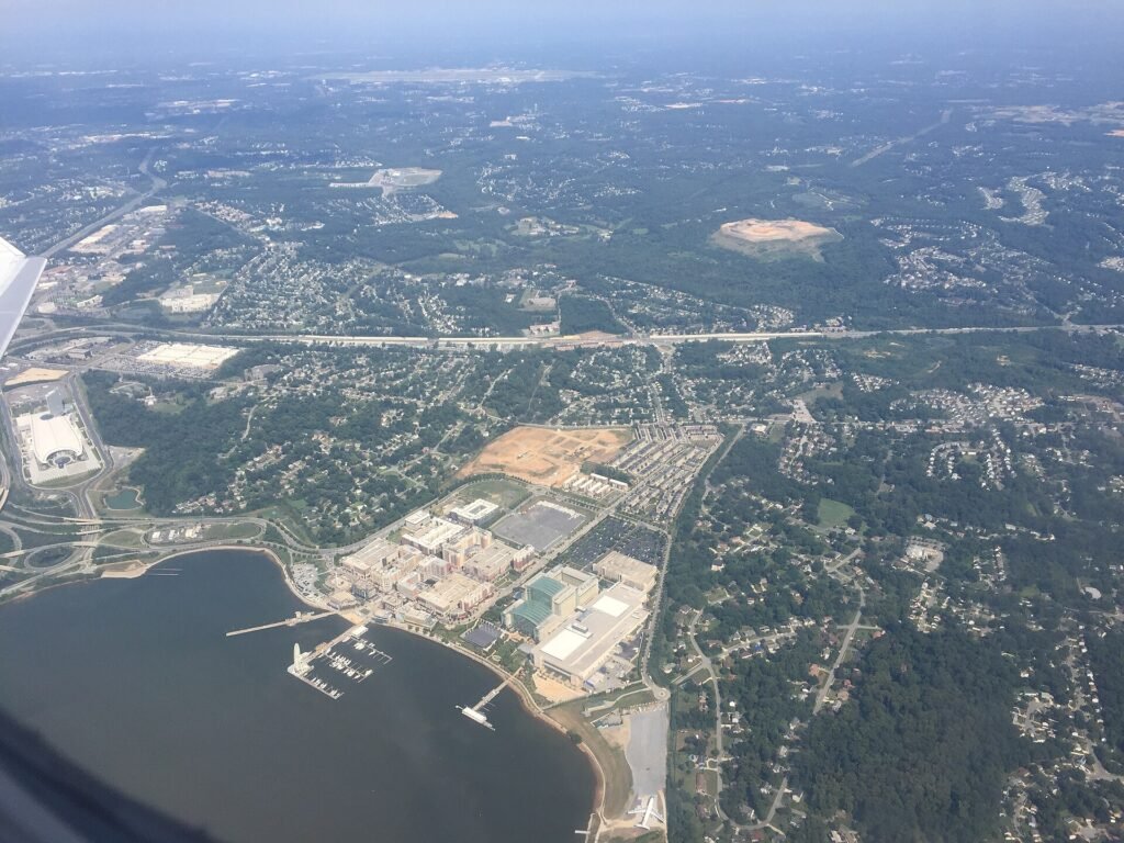 Aerial view of National Harbor, Maryland, with the Gaylord National